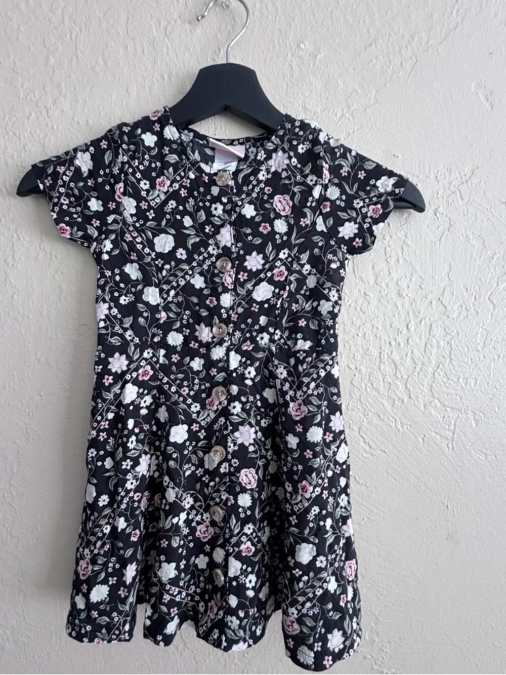 Little Lass Black Floral Button-Front Dress with Pink & White Blossoms